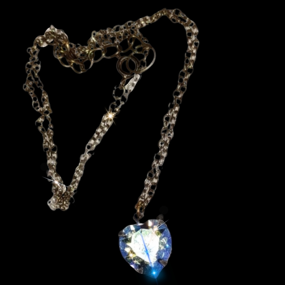 Blue Rainbow Iridescent Glass Heart Vintage Pendant Necklace